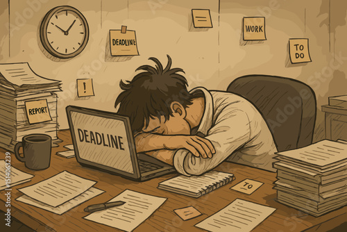 Exhausted man asleep at office desk, face on laptop with deadline. Overwhelmed by paperwork, reports. Burnout, stress, fatigue, overwork, pressure concept. Tired employee, unproductive worker. Vector.
