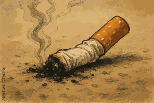 Hand-drawn sketch illustration of a discarded cigarette butt smoldering on the ground with ashes. Conceptual art for smoking dangers, nicotine addiction, unhealthy habits, pollution, quitting smoking.