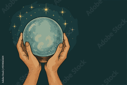 Hands holding crystal ball, vintage illustration of fortune telling. Future prediction, magic, destiny, esoteric concept. Mystical spiritual divination art with stars. Seer, oracle, foresight.