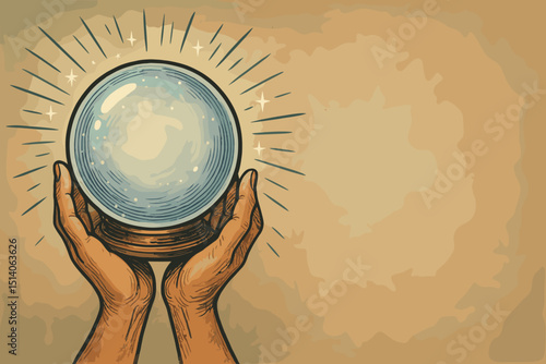 Crystal ball in hands, vintage illustration. Fortune telling, future prediction, magic, spiritual insight, seer. Mystic orb, destiny, divination, esoteric art. Hand-drawn sketch, retro. Parchment.