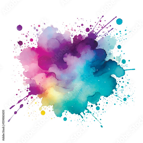 Bright watercolor splash with vibrant gradient colors from purple to blue and yellow. Artistic vector isolated ink blot with splatters on white background, perfect for modern design projects.