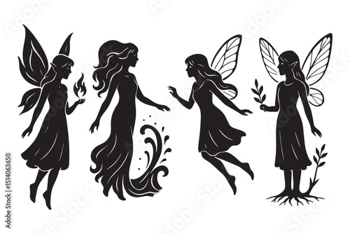 Set of black vector silhouettes of four element fairies representing fire, water, air, and earth. Stylized isolated fantasy characters on white background, perfect for mystical designs.