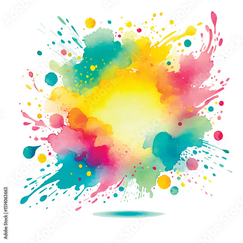 Colorful in summer colors watercolor splash with vibrant yellow center, surrounded by dynamic splatters of pink, blue, green and orange. Bright energetic vector isolated spots on white background.