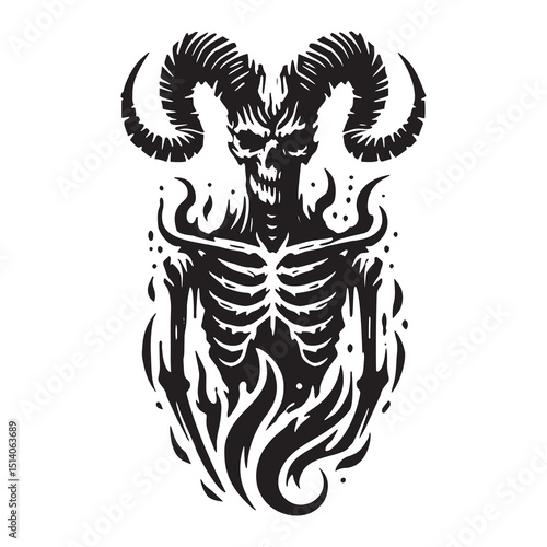 Black vector silhouette of a demonic skeleton with large curled horns and flames. Horror and dark fantasy style isolated illustration on white background, perfect for tattoos or Halloween designs.