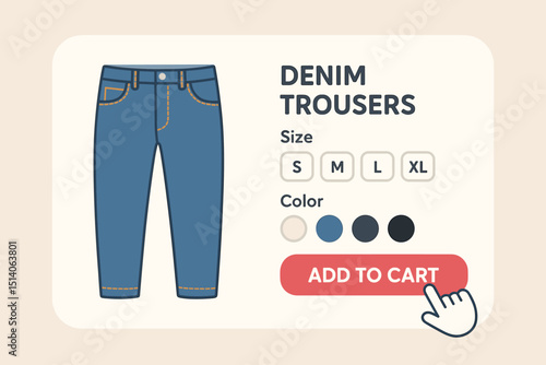 Interactive e-commerce experience: Selecting denim trousers on online store. Product page UI with size, color options and 'Add to Cart' button. Vector illustration for fashion retail and web shopping.