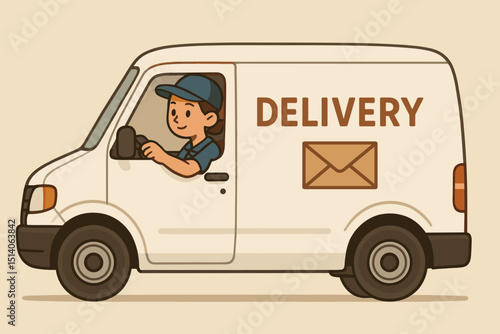 Express Courier Van Delivery Illustration: Fast Shipping, Logistics, Distribution, Mail Service, Driver, Cargo Transport, Package Delivery Vehicle, Modern Design