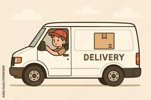 Cartoon delivery van with courier driver. Vector illustration for logistics, shipping, and transport services. Commercial vehicle for package delivery, freight, and e-commerce. Man driving truck.