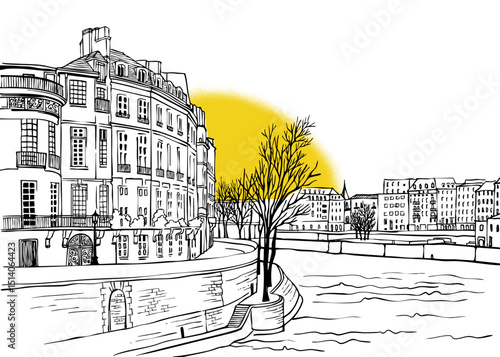Romantic view of old Paris and river Seine. Paris, France. Hand drawn sketch. Line art. Ink drawing. Black and white vector background. For illustration and romantic Postcards.