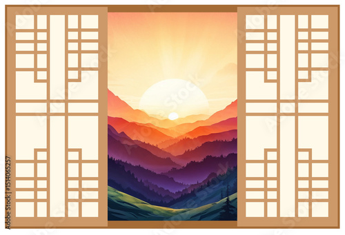 
명절,한국전통,한국명절,설,설날,새해,추석,한가위,소나무,전나무,잔나무,나뭇가지,창호지,창호문,명절배경,수채화,감나무,병풍