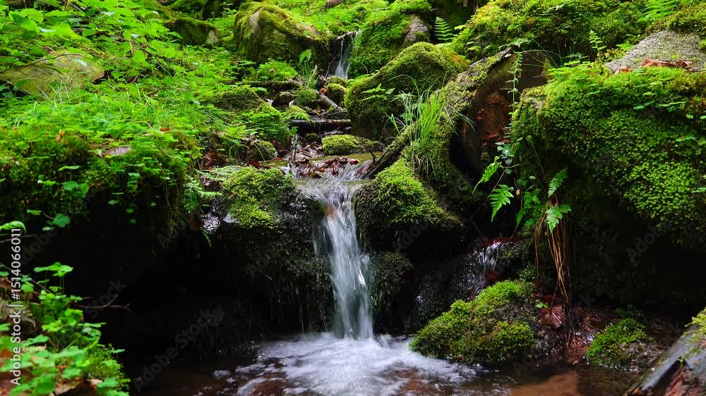 Mountain river flows through forest landscape, mossy rocks and ferns in wild. natural sound Mountain river flows through forest landscape, mossy rocks and ferns in wild. natural sound