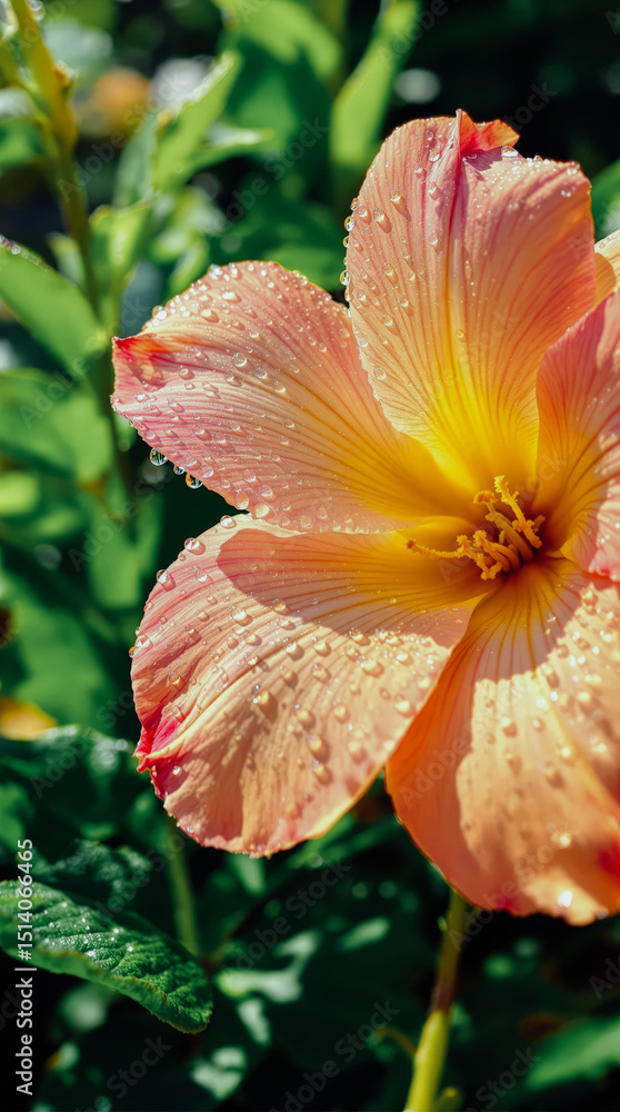Fototapeta premium Dewy Peachy Hibiscus Flower in Sunlight