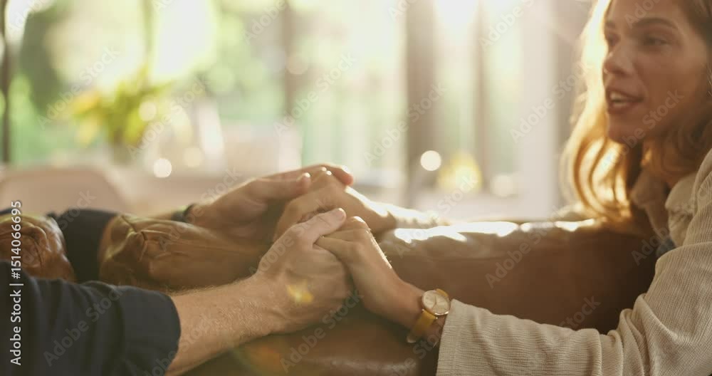 Happy couple, sofa and holding hands with love for trust, commitment or comfort together at home. Man, woman or support with touch, understanding or safety for security, care or relationship at house Happy couple, sofa and holding hands with love for trust, commitment or comfort together at home. Man, woman or support with touch, understanding or safety for security, care or relationship at house