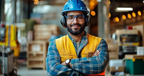 Portrait of a male worker in a blue hard hat, wearing safety glasses and a vest, standing in a workshop. Blurred background, bokeh lights. Focused on work, industrial theme
