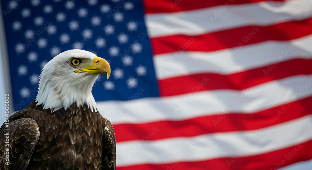 Naklejka premium Bald Eagle Portrait with Waving United States Flag