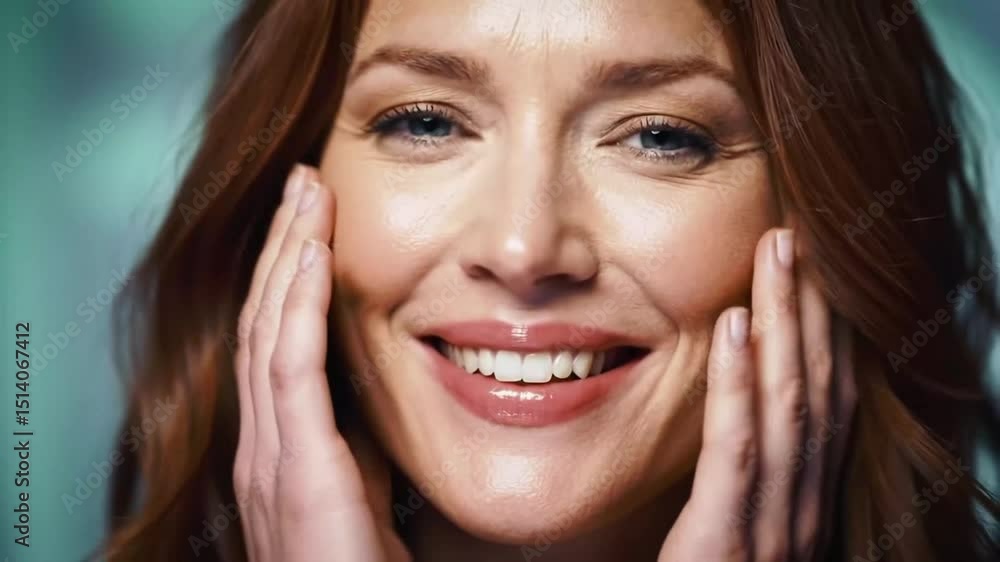 Close Up of Radiant Smiling Woman with Auburn Hair Light Skin and Blue Eyes Touching Her Face Perfect for Beauty Care Promotion Close Up of Radiant Smiling Woman with Auburn Hair Light Skin and Blue Eyes Touching Her Face Perfect for Beauty Care Promotion