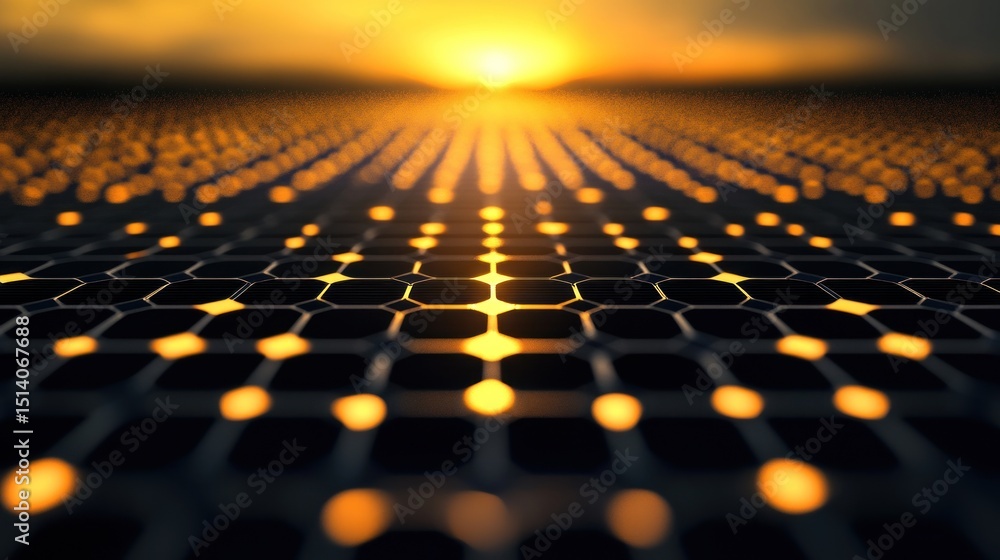 Fototapeta premium Sunset Grid Network; Golden Nodes; Distant Horizon; Technology Concept