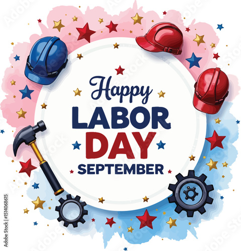 Labor Day Greetings: Vibrant Labor Day poster with iconic symbols of hard work, honoring the contributions of labor with a patriotic theme.
