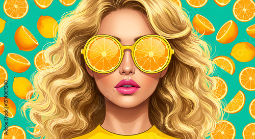 Stylish blonde woman with orange slice sunglasses and vibrant citrus background, embodying summer fun and healthy lifestyle.