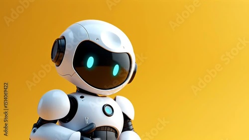 Cute white robot on a yellow background giving the thumbs up gesture in approval