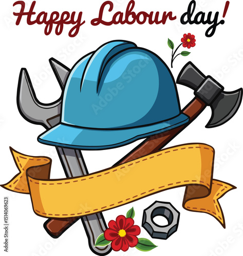 Labor Day Celebration: Celebrating the dedication of the working class with a collection of tools, a symbol of labor, and a ribbon. Evoking sentiments of honor, appreciation.