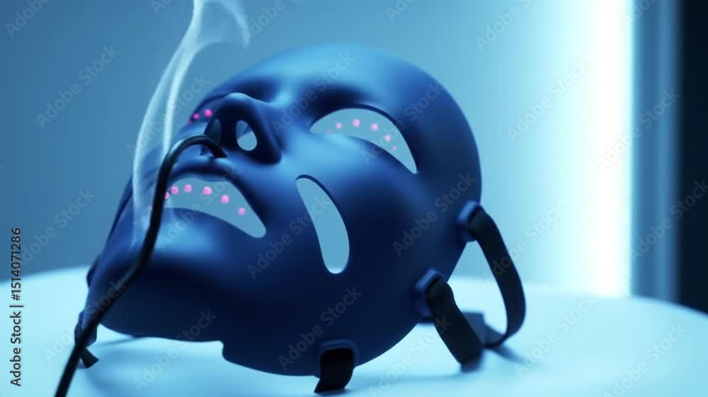 Blue Led Light Therapy Mask with Red Glow for Skincare Treatment in a Blue Room Blue Led Light Therapy Mask with Red Glow for Skincare Treatment in a Blue Room