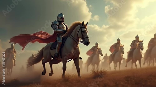 Riders armored and cape flowing on horseback in a grassy field beneath a cloudy sky