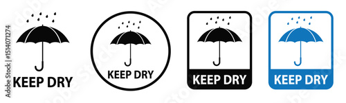 Four distinct "keep dry" packaging labels, featuring an umbrella with rain in various styles, including a blue option, indicating moisture protection.
