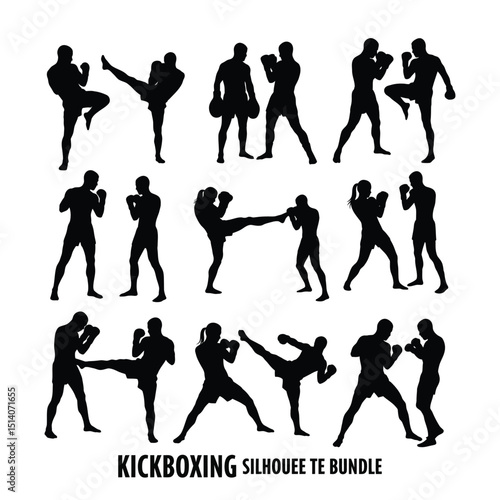 Kickboxing Silhouette Bundle | Martial Arts Fighter Clipart | Combat Sports Vector Illustration .