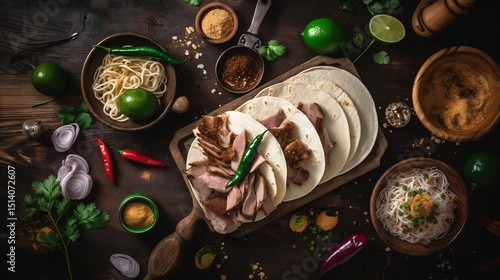 Flat lay of tacos arranged around sliced vertical spit meat image Warm