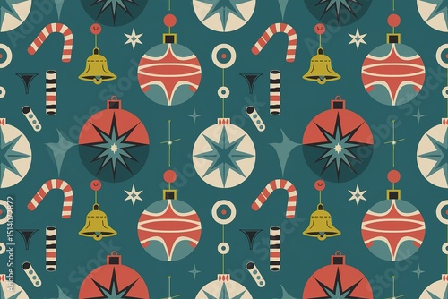 A seamless Christmas pattern in a retro, mid-century modern style featuring geometric ornaments, bells, and candy canes.