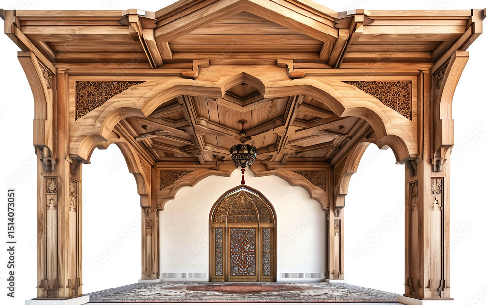 Fototapeta premium Mosque Interior Featuring a Beautifully Decorative Wooden Ceiling Isolated on Transparent Background