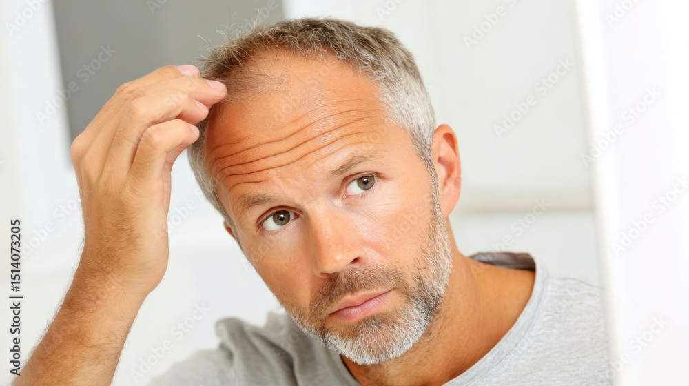 Obraz premium Mature male with graying hair and beard checking thinning hairline, reflecting personal concerns about aging and hair loss in bathroom mirror