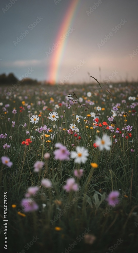 Naklejka premium A Colorful Meadow with a Rainbow, a Peaceful Scene