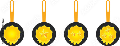 Four frying pans in a row display star-shaped egg yolks in increasing number and clarity, symbolizing progressive achievement or mastery in culinary skill, on a clean white background.