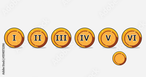 Gold coins labeled with Roman numerals I to VI are arranged in a row on a light background, with the sixth coin (VI) visually dislodged and dropping downward.