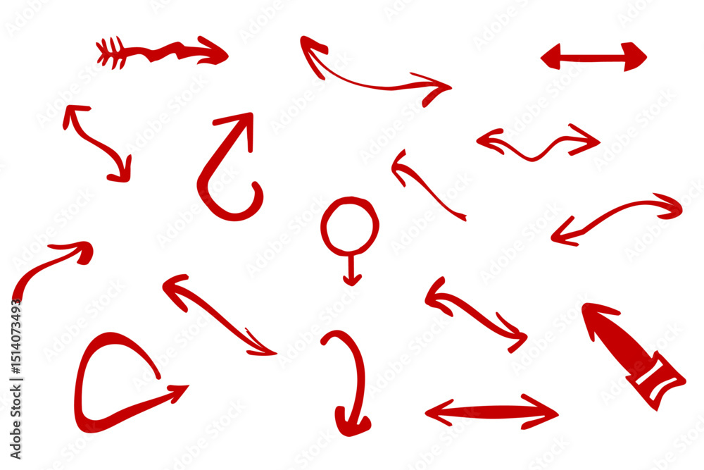 Hand drawn doodle pencil red arrows set. Swirls, curved lines, chaotic pointers, chalk sketches, marker scribbles, crayon strokes outline design. Arrow mark and Arrow paint icons Hand drawn doodle pencil red arrows set. Swirls, curved lines, chaotic pointers, chalk sketches, marker scribbles, crayon strokes outline design. Arrow mark and Arrow paint icons