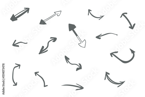 Hand drawn doodle pencil arrow set. Swirls, curved lines, chaotic pointers, chalk sketches, marker scribbles, crayon strokes outline design. Arrow mark and Arrow paint icons