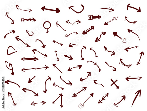 Hand drawn doodle pencil arrow collection. Swirls, curved lines, chaotic pointers, chalk sketches, marker scribbles, crayon strokes outline design. Arrow mark and Arrow paint icons