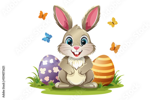Cartoon smiling Easter bunny sitting between two Easter eggs, butterflies flying around him