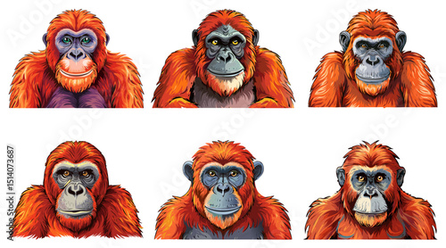 Bornean orangutan (Pongo pygmaeus) Wild orangutan primate head face vector illustration, orangutan monkey ape, set