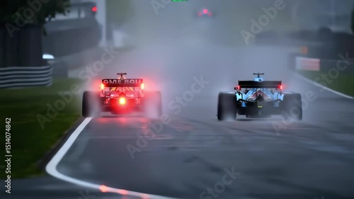 Formula 1 race cars battle in heavy rain on wet track, spray and glowing rear lights visible. Motorsport championship, extreme weather conditions, 4K video footage.