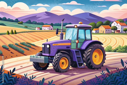 Tractor plowing the field vector illustration on rural landscape background. Agriculture concept cartoon