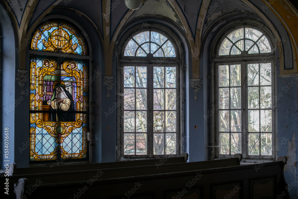 Fototapeta premium Old Abandoned Palace in Branice with Blue Chapel Interior, Poland