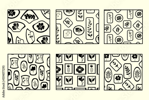 Vintage style floral seamless pattern vector illustration set. Flowers and plants frame background design. Geometrical wallpaper print, spring season nature and flowers texture