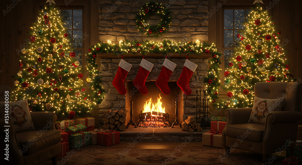 Fototapeta premium Cozy Christmas Living Room with Fireplace and Decorated Trees