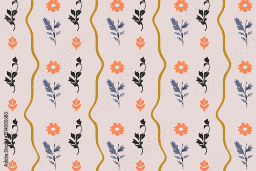 Vintage style colorful floral seamless pattern vector illustration. Flowers and plants background design. Geometrical wallpaper print, spring season nature and flowers texture