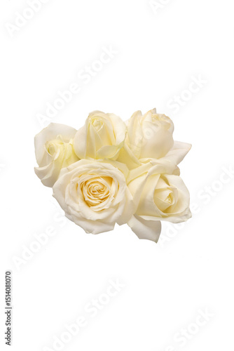 Bouquet of white roses and eustoma flowers isolated on white. Top view.