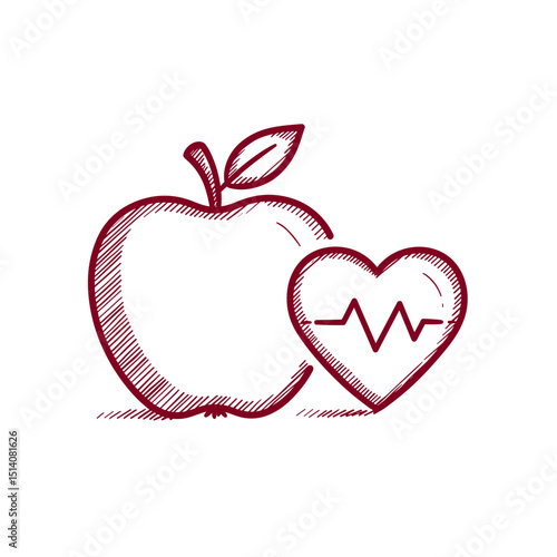 Hand-drawn Sketch Icon: Apple and Heart Symbol. Transparent background, HR Wellness Program Concept, for Human Resources, Employee Health, Wellbeing