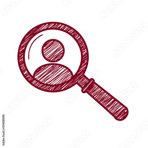 HR Sketch Icon. Hand-drawn magnifying glass over person symbol, transparent background, recruiting concept, for human resources, talent acquisition, hiring process