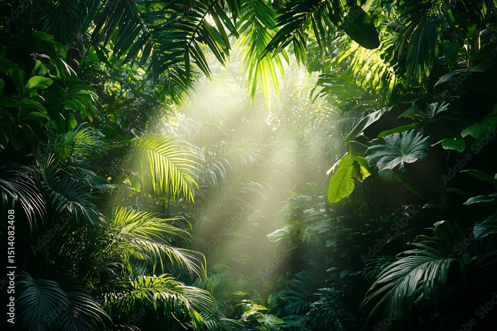 Obraz premium Rays of sunlight filtering through the dense foliage of a lush green forest